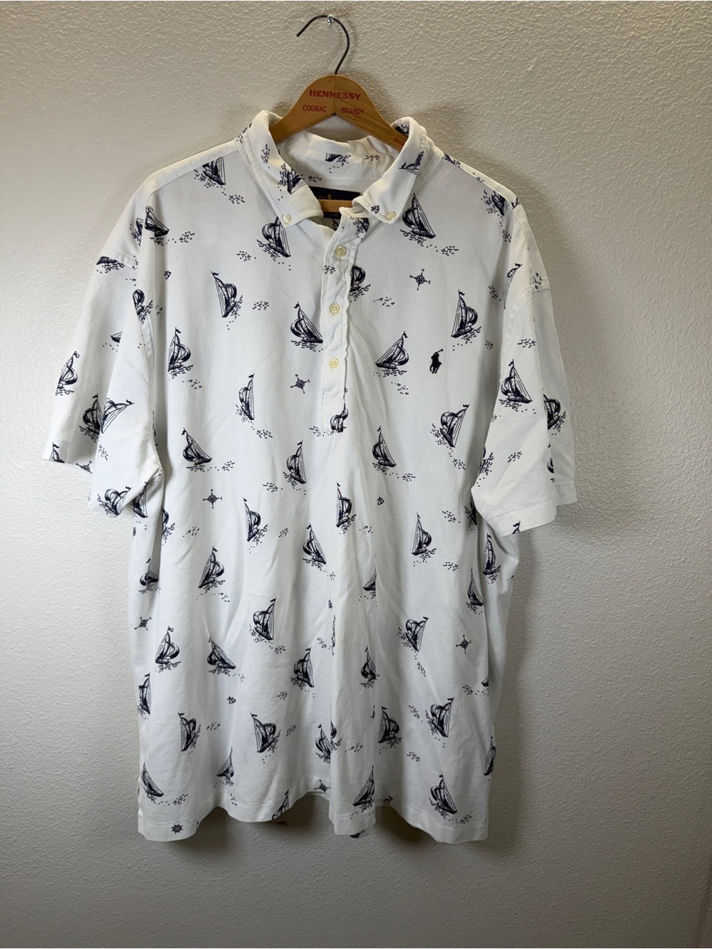Ralph Lauren White Polo with Navy Sailboat Print